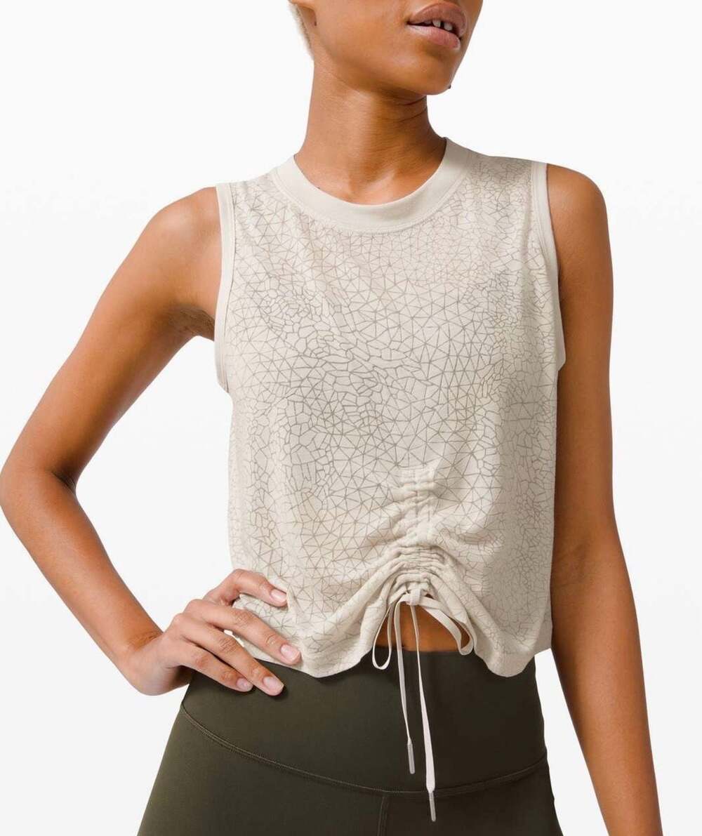 Lululemon Cinch Me Up Front Tank Top Beige Dune Geometric Print Drawstring